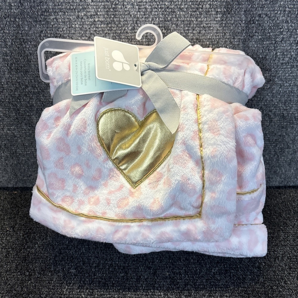 Just Born~Girls/Pink White Cheetah Leopard~Gold Heart~Baby Blanket~30"x40"~NWT